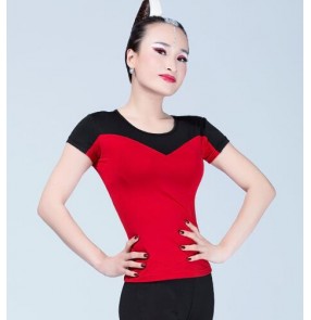 Black red patchwork short sleeves women's ladies female competition stage performance latin ballroom dance tops 